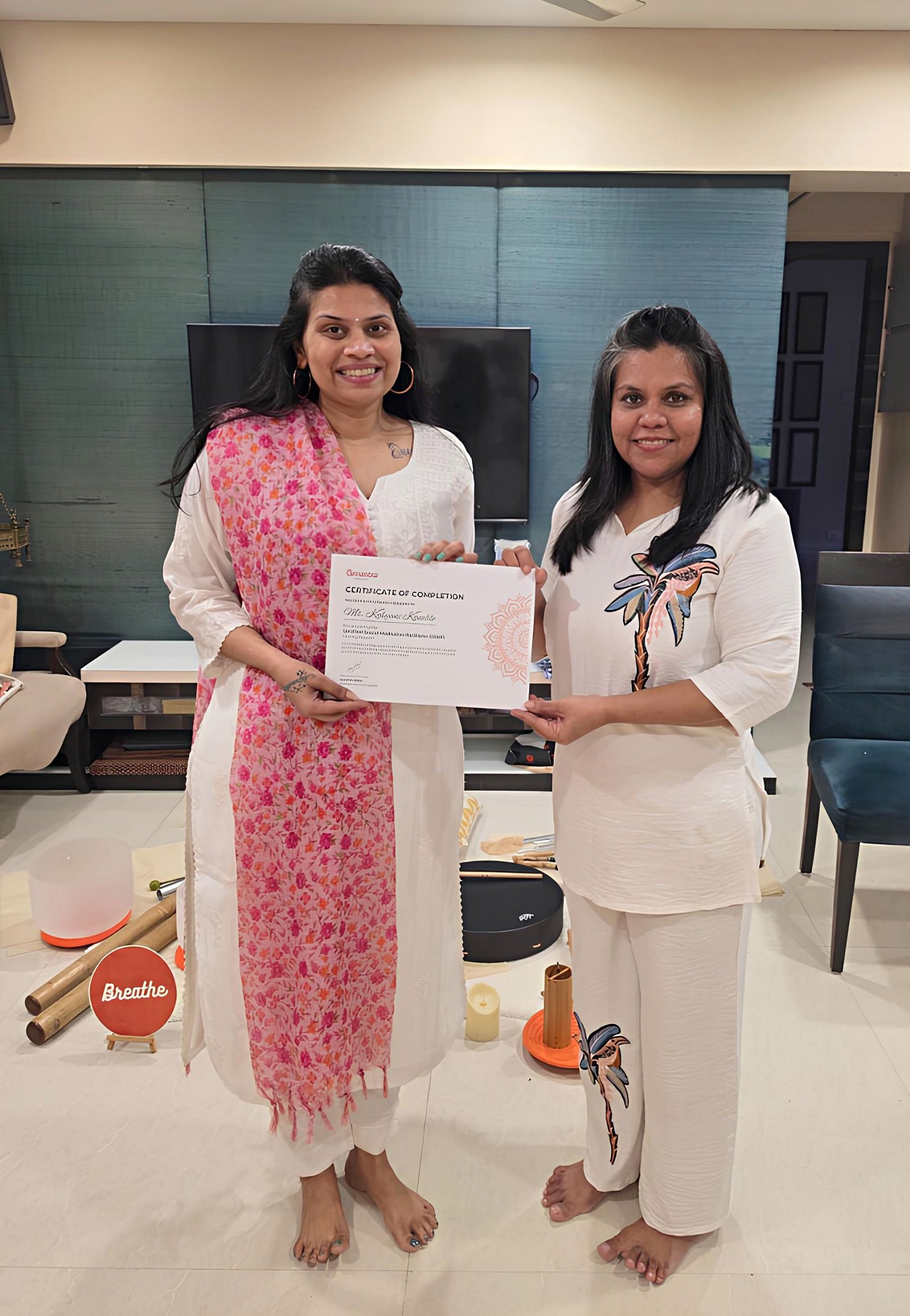 Ms. Kalyani Kamble receiving the Certified Sound Healing Coach (CSHC) Certificate